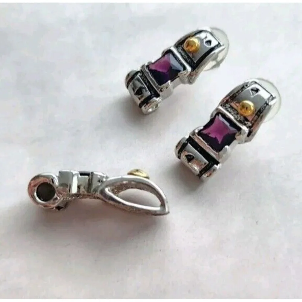 Statement Pendant & Earrings Set Classic Two Tone Amethyst‎ Purple Stone Elegant